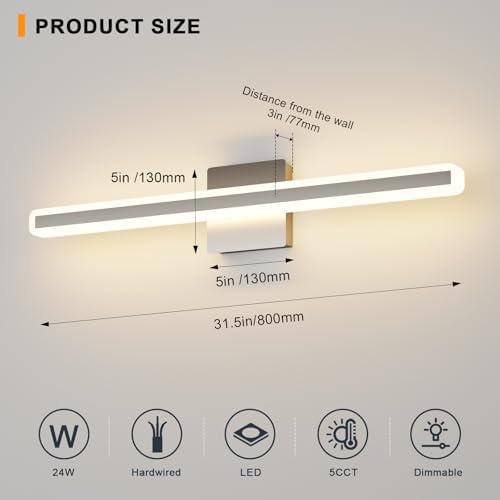 31.5 Inch Brushed Nickel Bathroom Vanity Light, 5CCT