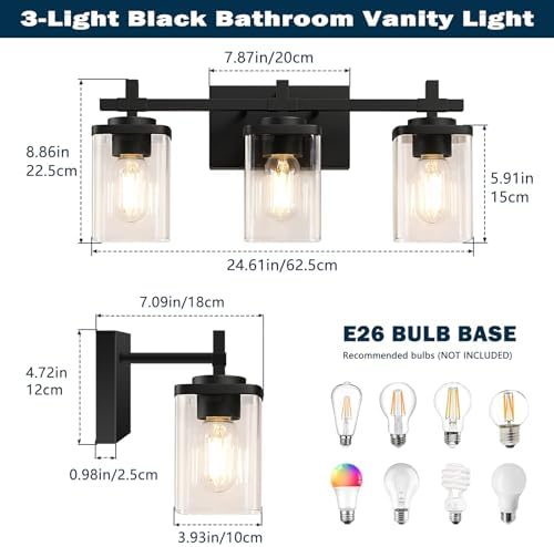 3-Light Black Bathroom Vanity Light with Clear Glass Shade