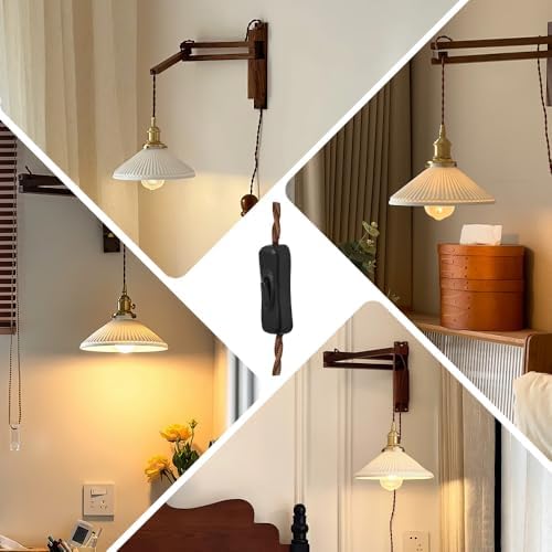 Walnut Plug-in Swing Arm Wall Sconce with Ceramic Shade