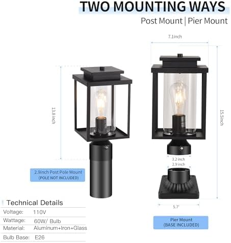 Black Hardwired Dusk to Dawn Outdoor Post Light
