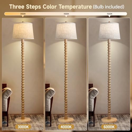 Real Wood Floor Lamp with Linen Shade, 3-Color Bulb