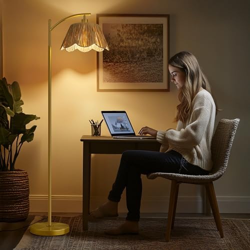 Oneach Arc Floor Lamp, Rattan Boho Shade, Gold Base