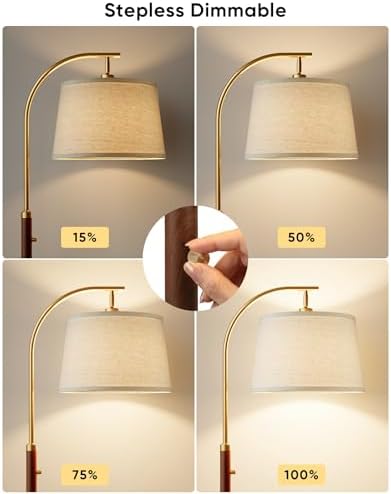 Dimmable Arc Floor Lamp, 65" Tall, Gold and Walnut Color