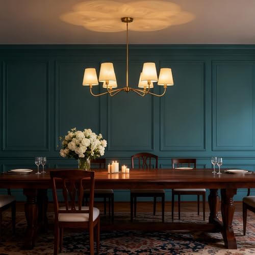 Brass Gold 6-Light Chandelier with Fabric Shade