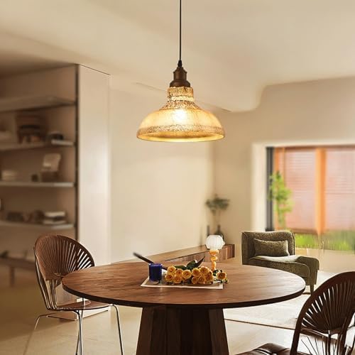 Retro Industrial Metal and Amber Glass Pendant Light