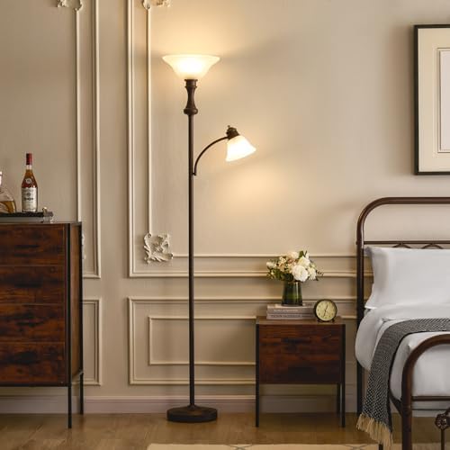 Torchiere Brown Floor Lamp with Adjustable Reading Lamp, 71IN
