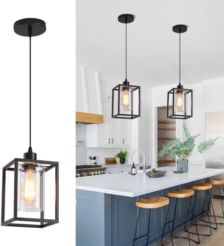 Black Industrial Pendant Light, Clear Glass Shade