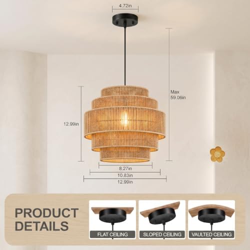 5-Tier Rattan Chandelier, 13” Pendant Light