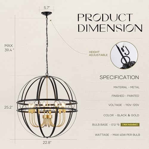 Modern Black and Gold 8-Light Chandelier, 22.8 Inch