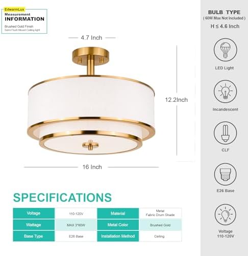 Edwarmlux 3-Light Semi Flush Mount Ceiling Light, Brushed Gold
