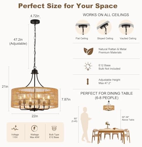21.8" Large Black Rattan Chandelier, 6-Light