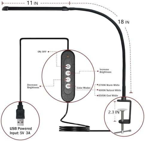 12W LED Desk Lamp with Clamp, Flexible Gooseneck