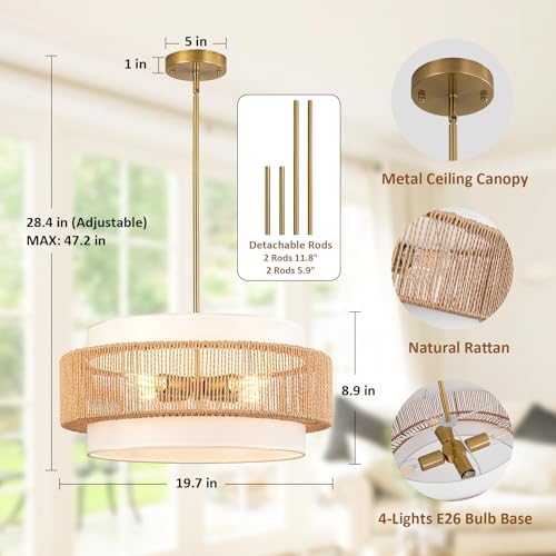 4-Light 19.7" Rattan Chandelier
