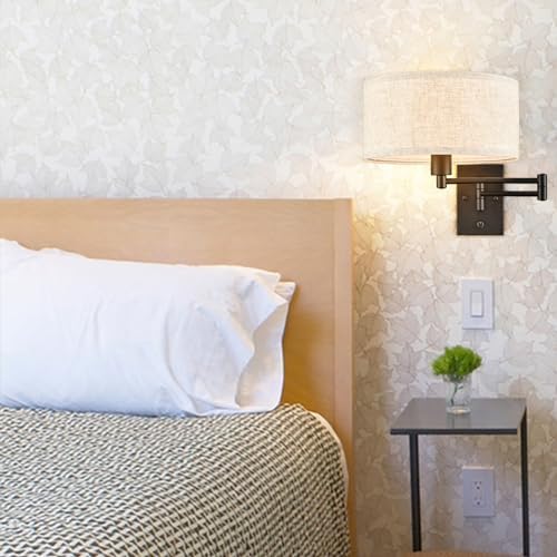 SAMTEEN Plug-in Swing Arm Wall Sconce, Linen Shade