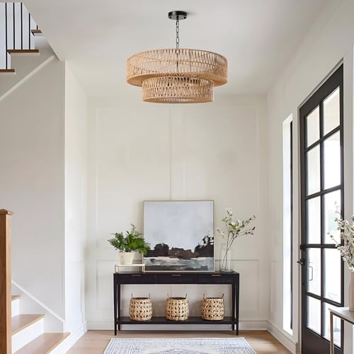 26 Inch Boho Rattan 6-Light Chandelier
