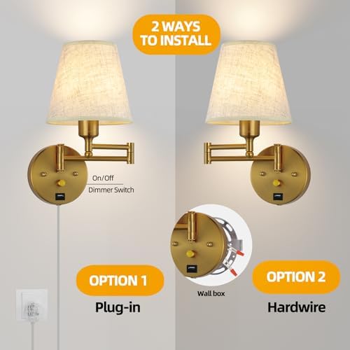 Gold Swing Arm Wall Sconce with USB