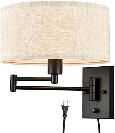 SAMTEEN Plug-in Swing Arm Wall Sconce, Linen Shade