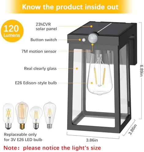 Greluna Solar Motion Sensor Glass Wall Lights, 2 Pack