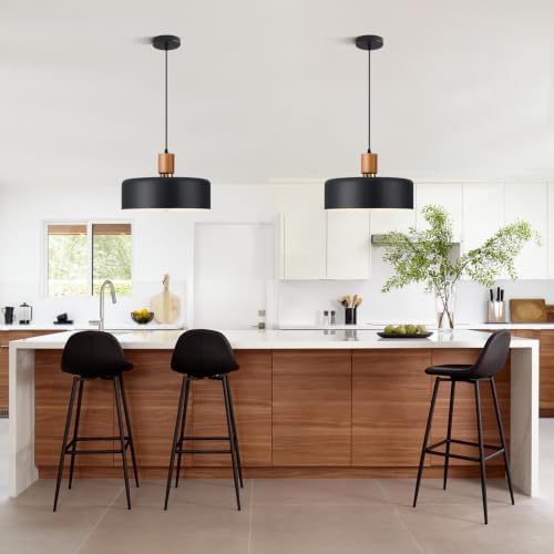 15.8" Black Pendant Light, Walnut Oak Wood and Brass