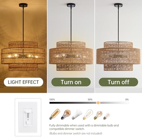 24" Rattan Chandelier, Large Boho Pendant Light