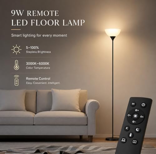 PESRAE Floor Lamp, Remote Control, Stepless Brightness