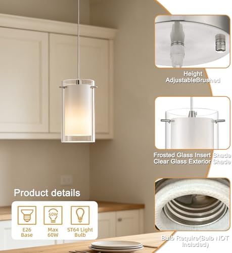 AKEZON Brushed Nickel Pendant Light, Adjustable Height