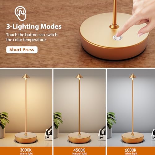 2 Pack Rechargeable Cordless Table Lamps, 6000mAh, Gold
