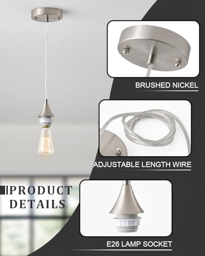 Vintage Brushed Nickel Pendant Light Kit, E26 Socket