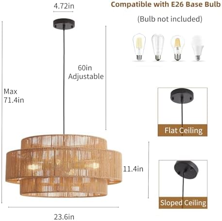 3-Tier Large Rattan Chandelier, 23.6in