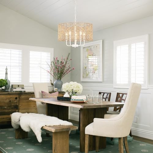 5-Light Brown and White Rattan Chandelier