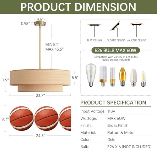 Boho Modern 23.6" 6-Light Rattan Chandelier with Fabric Shade