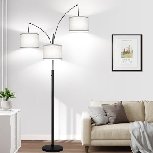 Dimmable 3-Light Black Arc Floor Lamp, Grey Linen Shades