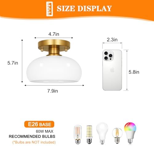 Mid-Century Gold Semi Flush Mount Ceiling Light, 8 Inch