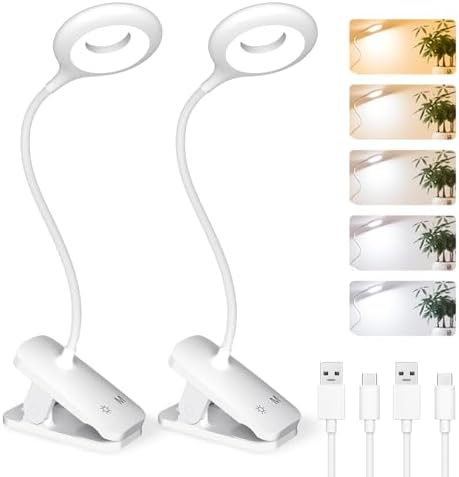 CUHIOY Rechargeable Clip-On Reading Lights, 2 Pack, White
