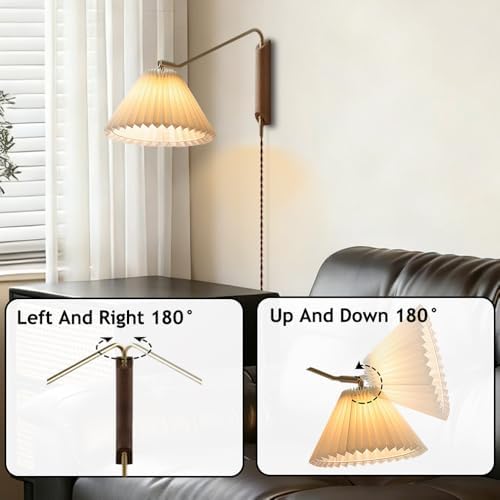 Swing Arm Plug-in Wall Sconce, Wood, Pleated Shade