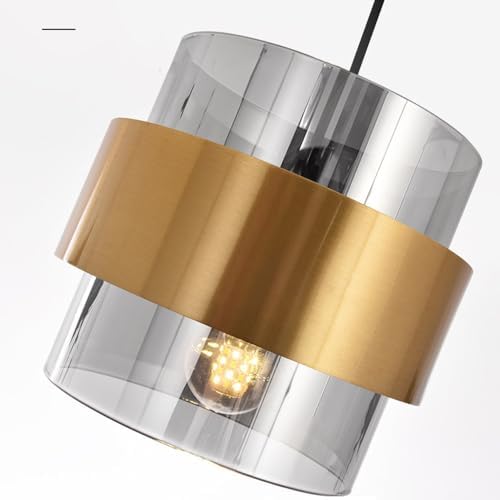 Mid-Century Gold Drum Glass Pendant Light, Amber Smoke Grey