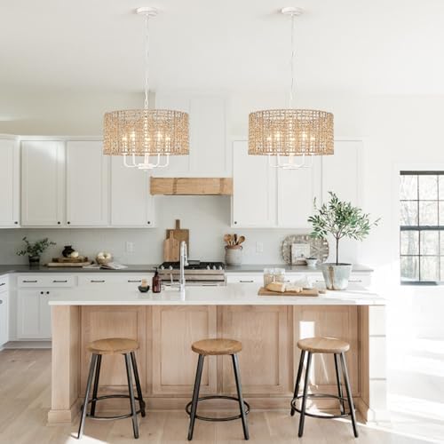 5-Light Brown and White Rattan Chandelier