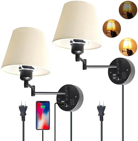 White Linen Swing Arm Wall Sconces with USB, Set of 2