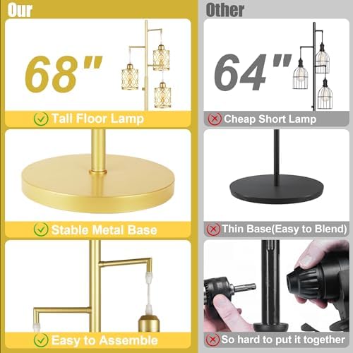 ROTTOGOON 68" Dimmable Gold Floor Lamp, 3-Light