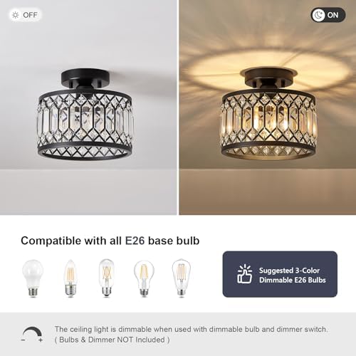 Pevfah 1-Light Crystal Black Semi Flush Ceiling Light, 9 in