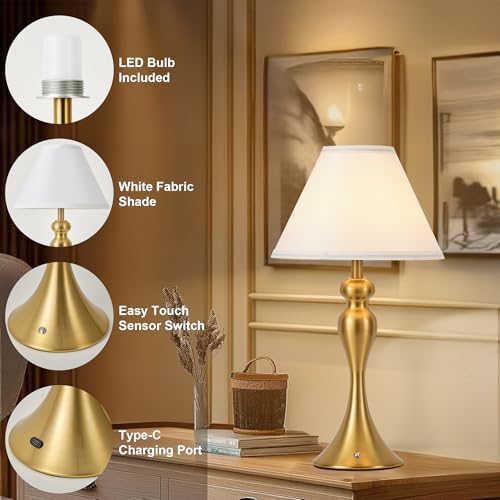 Cordless Rechargeable Table Lamp, Fabric Shade, Brass