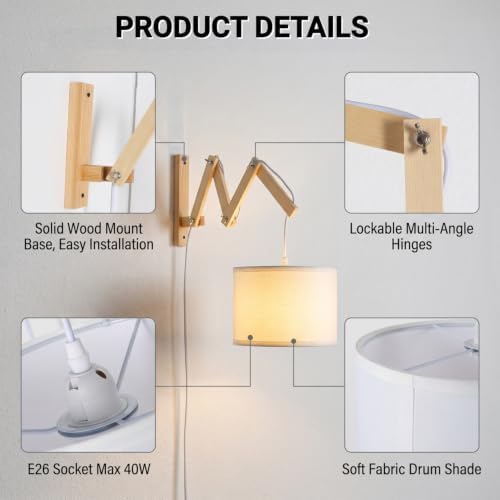 Wooden Swing Arm Plug-in Wall Sconce, White