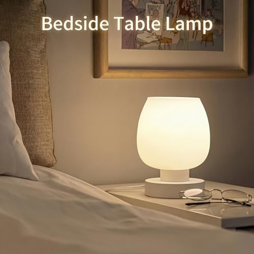 Touch Bedside Table Lamp, USB C+A Charging Ports, White Opal Glass
