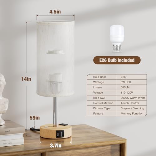 Touch Bedside Table Lamp, Stepless Dimmable, USB A+C
