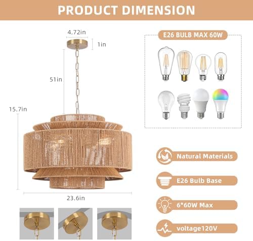 24 Inches 6-Light Farmhouse Rattan Chandelier