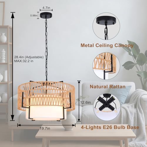 SOTTAE 4-Light Rattan Chandelier, 19.7"