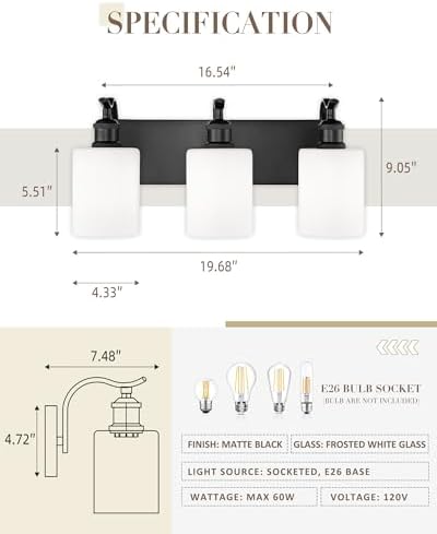 3-Light 19 Inch Bathroom Vanity Light, Black