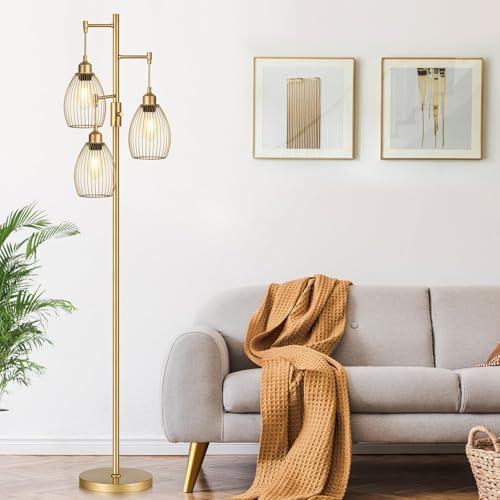 Dimmable Industrial Floor Lamp, Gold, 3-Light Teardrop Cage
