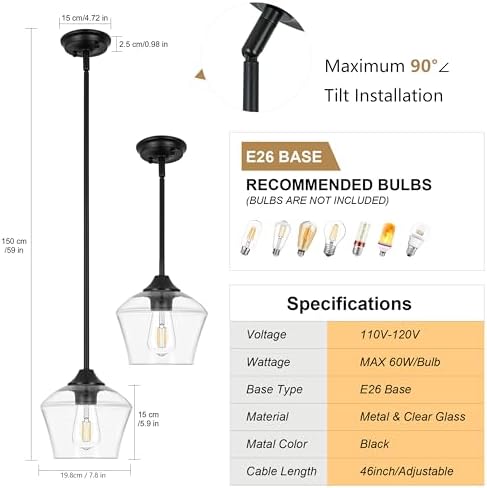 Black Metal Glass Kitchen Island Pendant Light