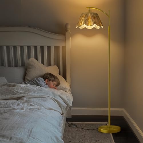 Oneach Arc Floor Lamp, Rattan Boho Shade, Gold Base